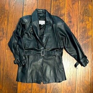 Black Leather Jacket medium‎ tie front vintage